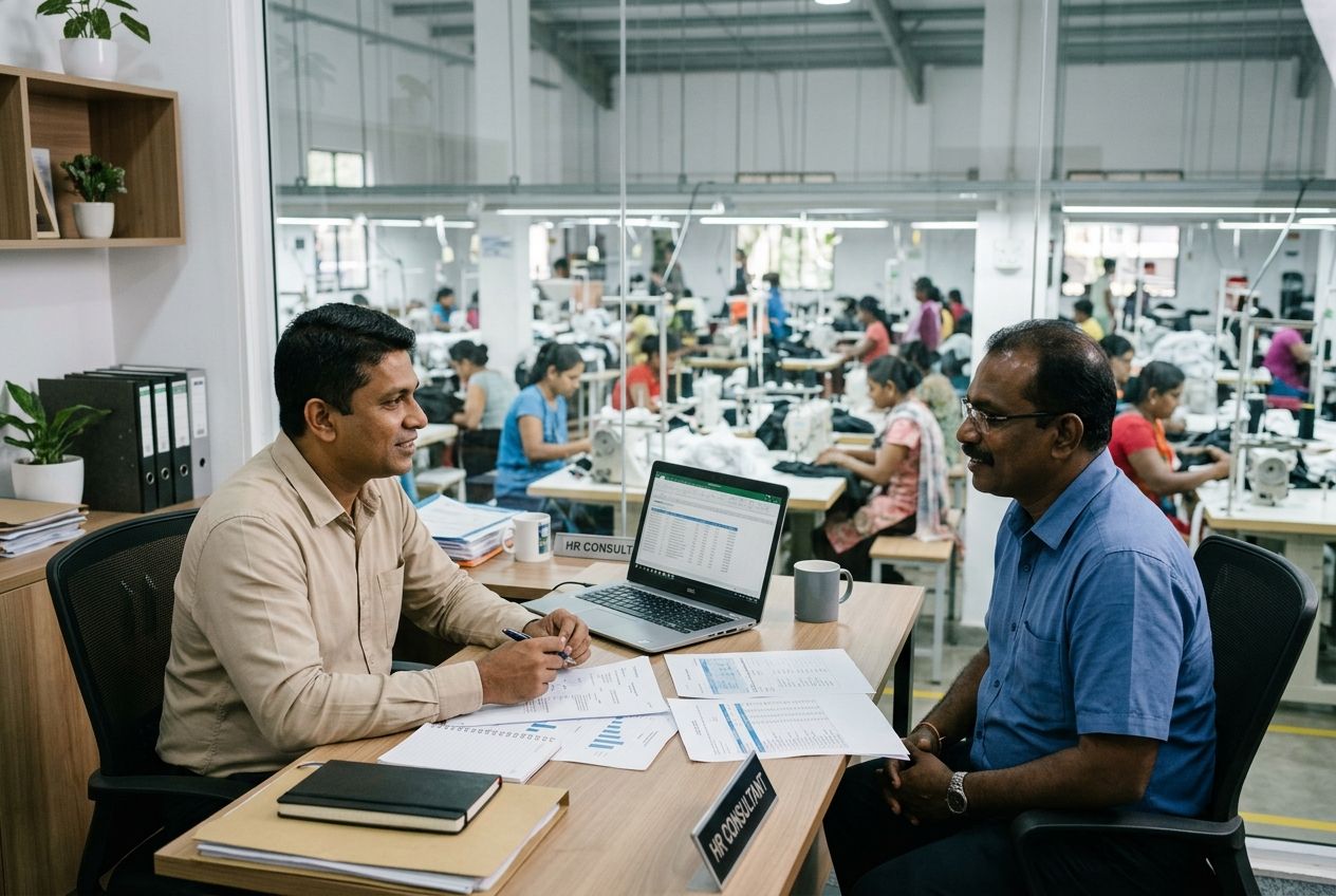 An HR consultant and a factory manager reviewing documents