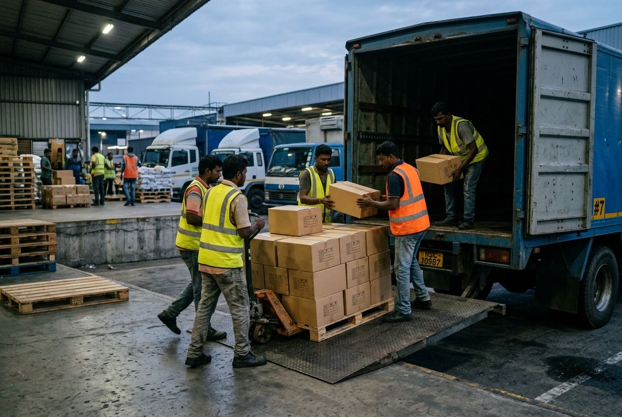 Warehouse helpers loading cartons into a lorry at a loading bay